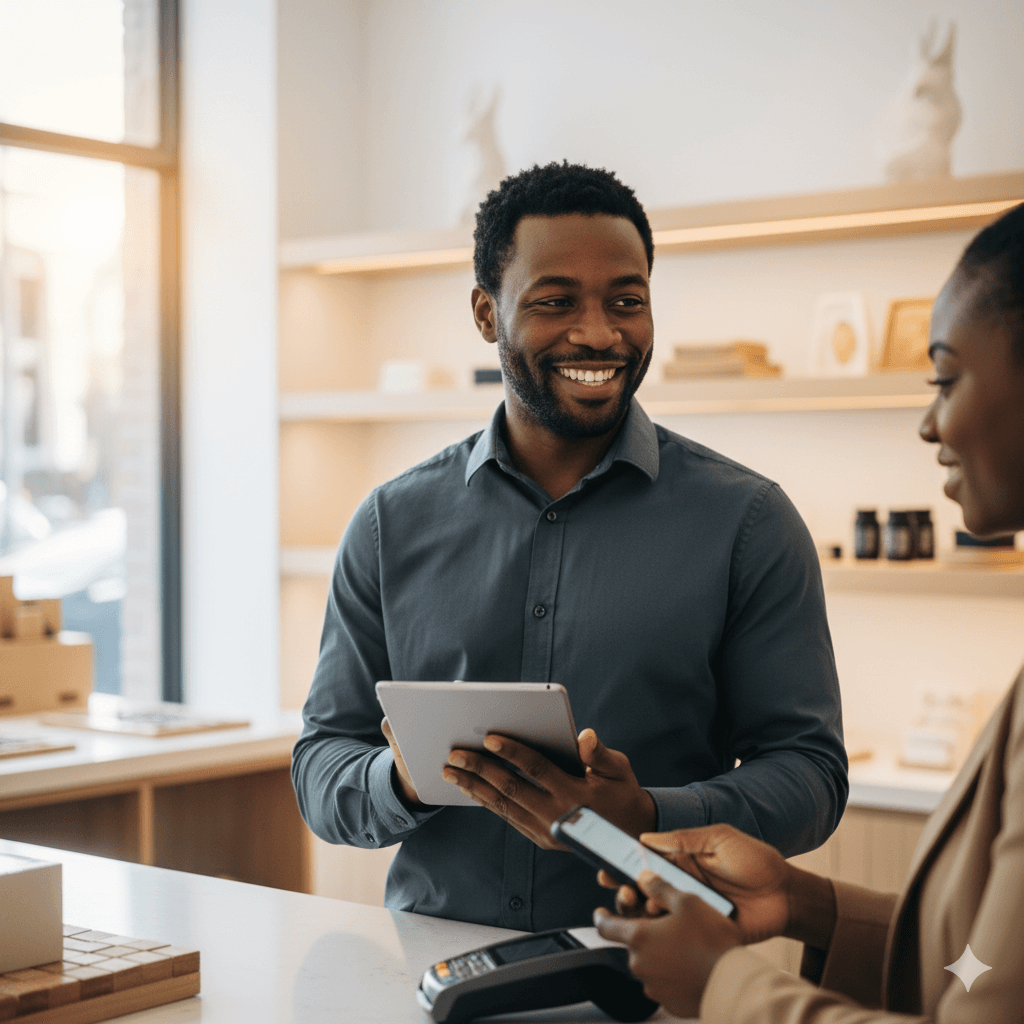 Happy business owner checking orders on tablet