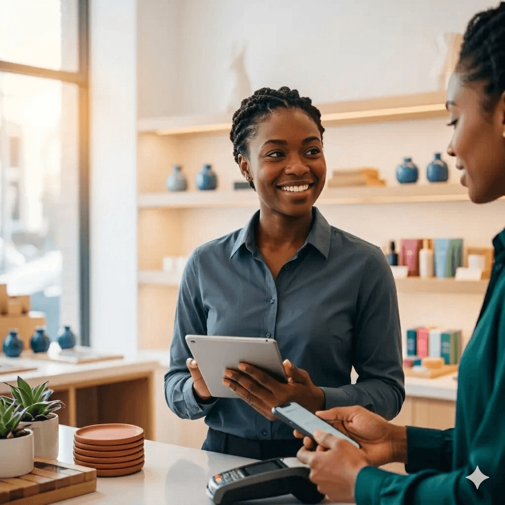 Happy business owner checking orders on tablet